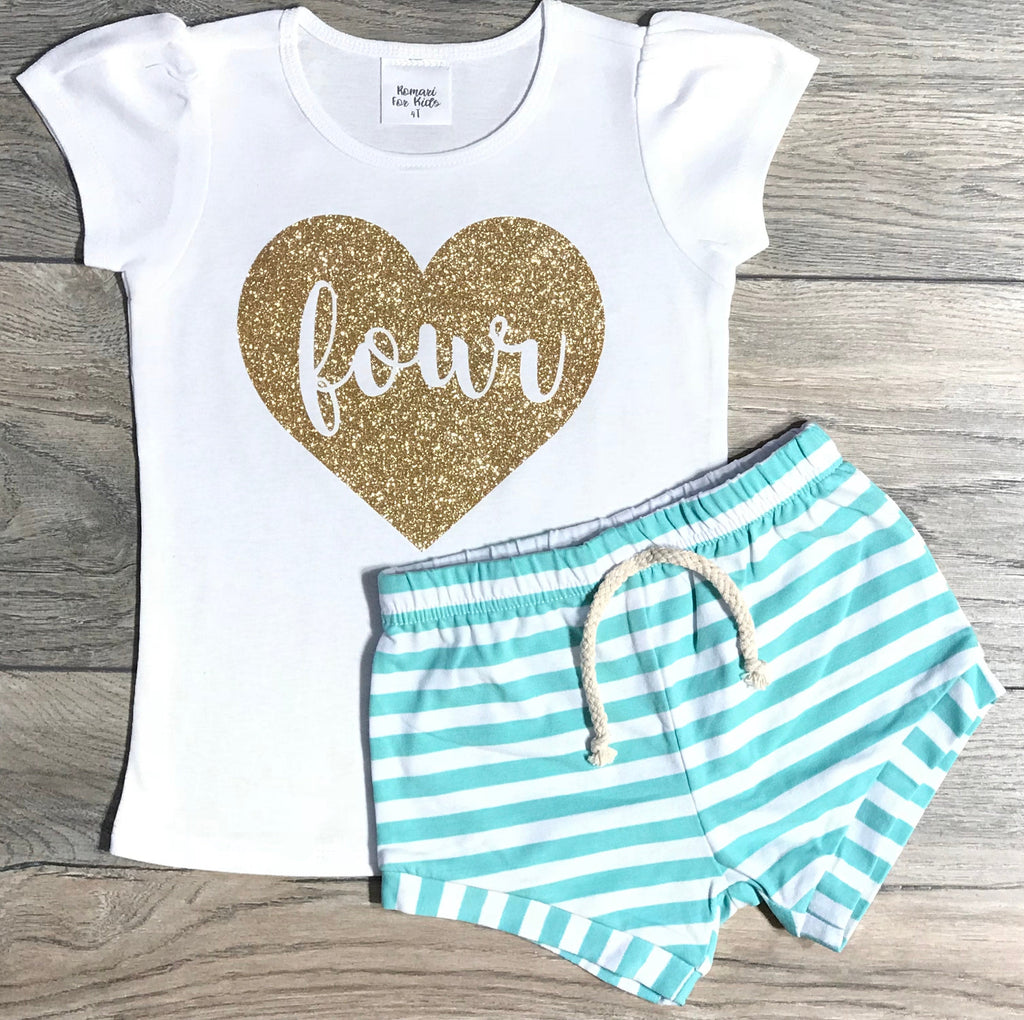 Four In Heart 4th Birthday Outfit For Girls - White Short Puff Sleeve Shirt + Mint Striped Shorts 4 Year Old - Fourth Birthday Outfit Girl