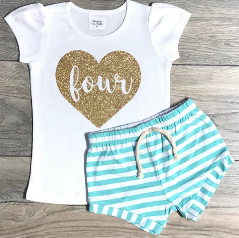Image of Four In Heart 4th Birthday Outfit For Girls - White Short Puff Sleeve Shirt + Mint Striped Shorts 4 Year Old - Fourth Birthday Outfit Girl