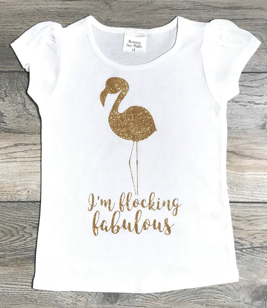 I'm Flocking Fabulous Flamingo Outfit - White Short Puff Sleeve T-Shirt For Girls - Gold Glitter Shirt