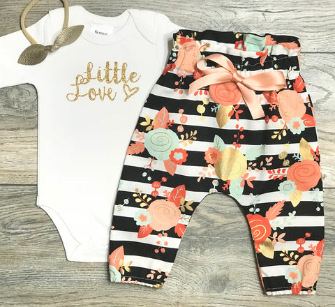 Image of Little Love Newborn Take Home Outfit - Gold Glitter Bodysuit + Black Striped High Waisted Floral Pants + Bow / Headband - Coming Home Outfit