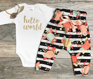 Hello World Newborn Coming Home Outfit - Gold Glitter Bodysuit + Black Striped High Waisted Floral Pants + Bow / Headband - Girl Take Home