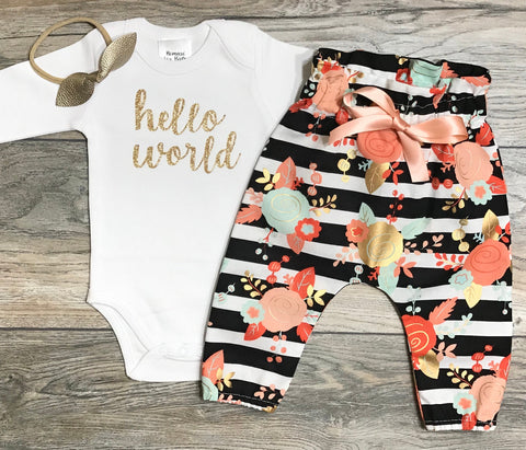 Image of Hello World Newborn Coming Home Outfit - Gold Glitter Bodysuit + Black Striped High Waisted Floral Pants + Bow / Headband - Girl Take Home
