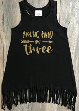 Young Wild And Three 3rd Birthday Outfit For Girls - Black Fringe Dress Gold Glitter Third Birthday Girl - 3 Year Old