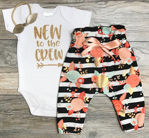 New To The Crew Newborn / Coming Home Outfit Baby Girl - Gold Glitter Bodysuit + Black Striped Floral Pants + Gold Bow / Headband= Take Home