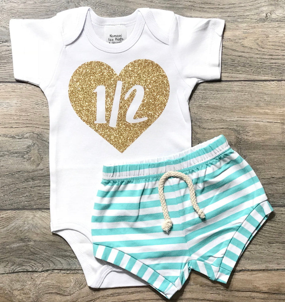 1/2 In Heart Half Birthday Outfit For Girls - Gold Glitter Bodysuit + Mint Striped Shorts + Bow / Headband Baby Girl 6 Months Old