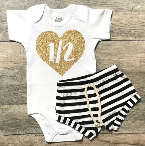 Image of 1/2 In Heart Half Birthday Outfit For Girls - Gold Glitter Bodysuit + Black Striped Shorts + Headband / Bow 6 Months Old Baby Girl