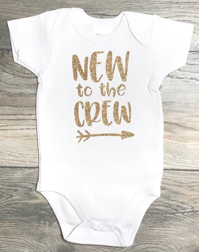 New To The Crew Newborn Take Home Gold Glitter Bodysuit For Baby Girl + Bow / Headband