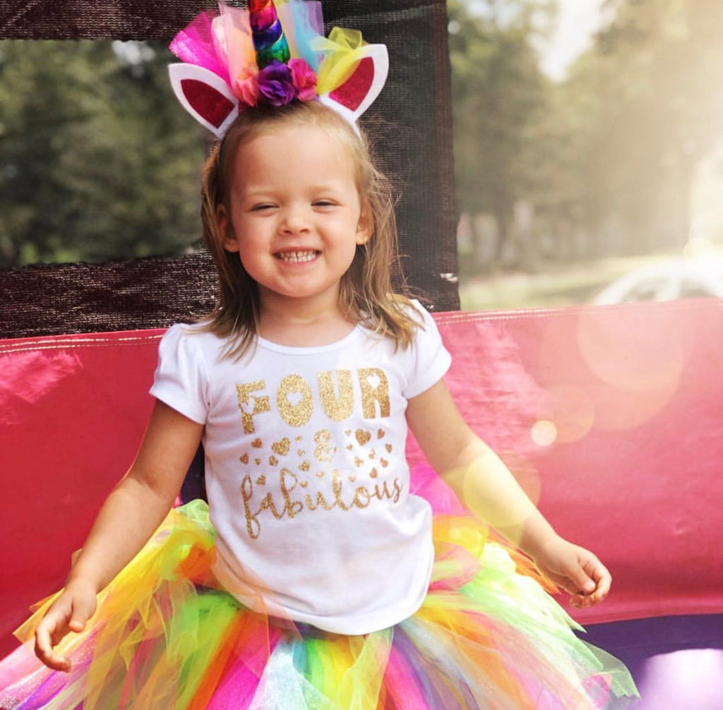 Four & Fabulous 4th Birthday Outfit For Girls - Gold Glitter Top + Black Striped Shorts - Short Puff Sleeve Shirt + Shorts 4 Year Old