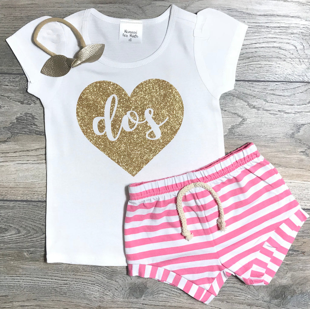 2nd Birthday Outfit Dos In Heart - Second Birthday Outfit Girl - Gold Glitter Short Puff Sleeve T-Shirt + Pink Striped Shorts + Gold Bow