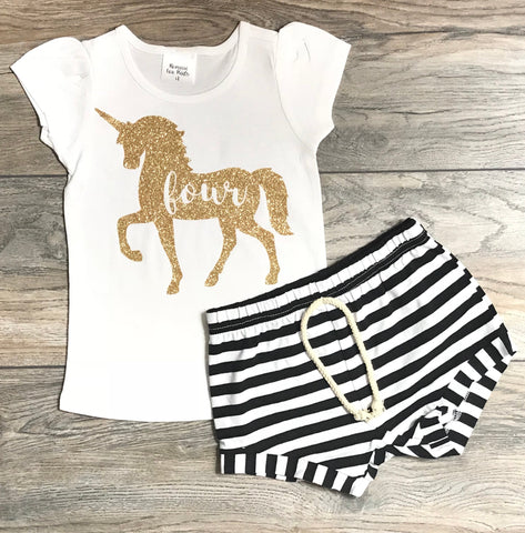 Image of 4th Birthday Outfit Girls - Unicorn Four Birthday Outfit - Gold Glitter Short Puff Sleeve T-Shirt + Black Striped Shorts 4 Year Old Girl