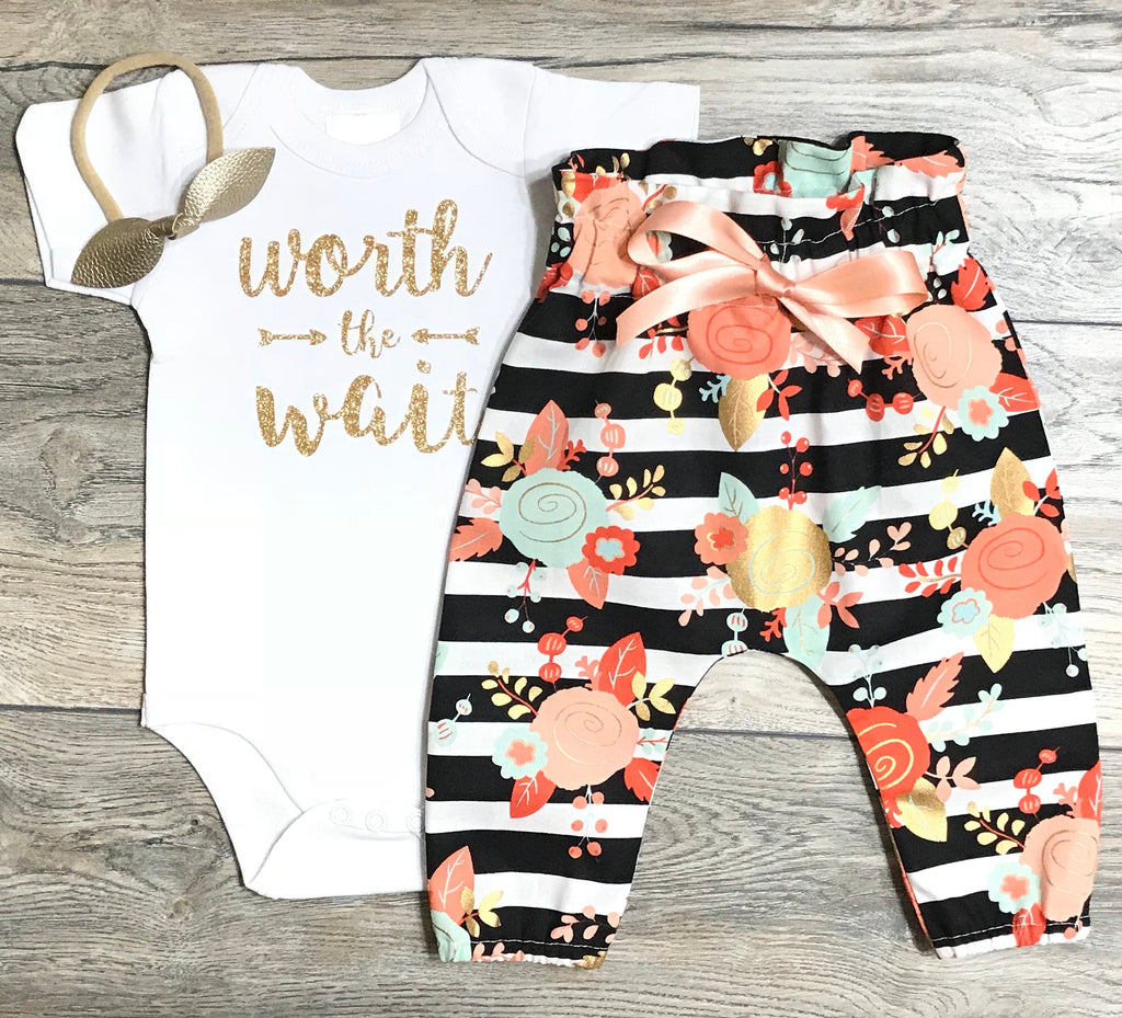 Worth The Wait Newborn / Coming Home Outfit Baby Girl - Gold Glitter Bodysuit + Black Striped High Waisted Floral Pants + Bow / Headband