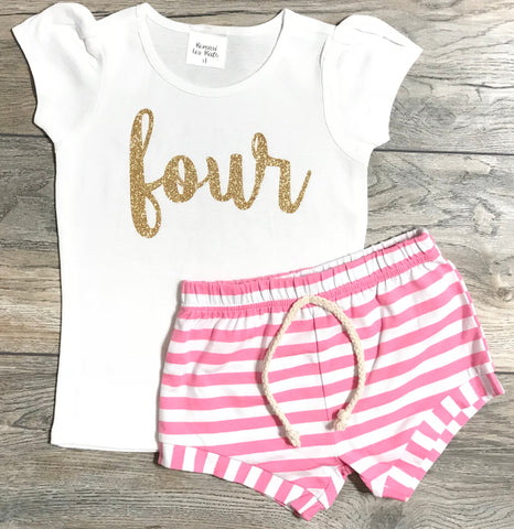 Image of 4th Birthday Outfit - Four Cursive Gold Glitter White Puff Sleeve Shirt + Pink Striped Shorts 4 Year Old - Fourth Birthday T-Shirt + Shorts