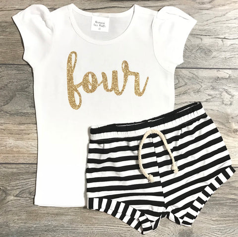 Image of Four Cursive Birthday Outfit 4 Year Old - 4th Birthday Outfit Girl - Gold Glitter Short Puff Sleeve Shirt + Black Striped Shorts- Bday Shirt