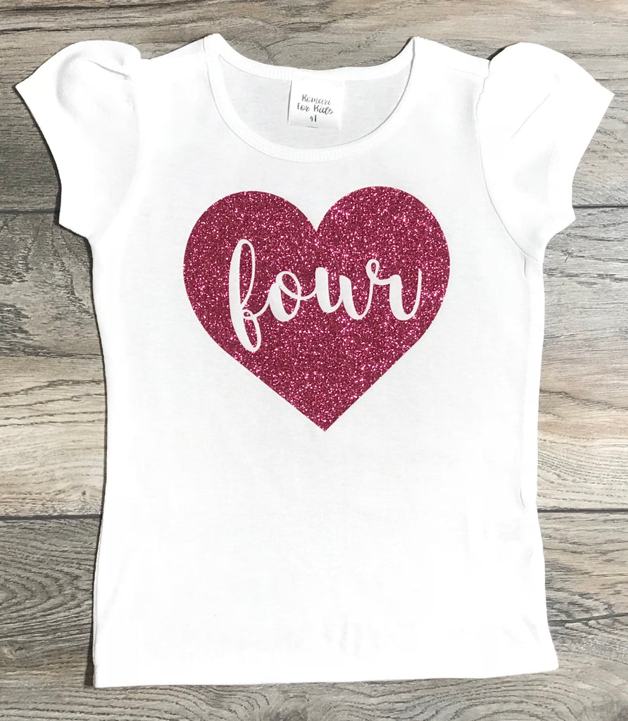 4th Birthday Outfit Girls - Four In Heart Pink Glitter Short Puff Sleeve Shirt 4 Year Old Girl - Fourth Birthday Outfit - Bday T-Shirt Pink