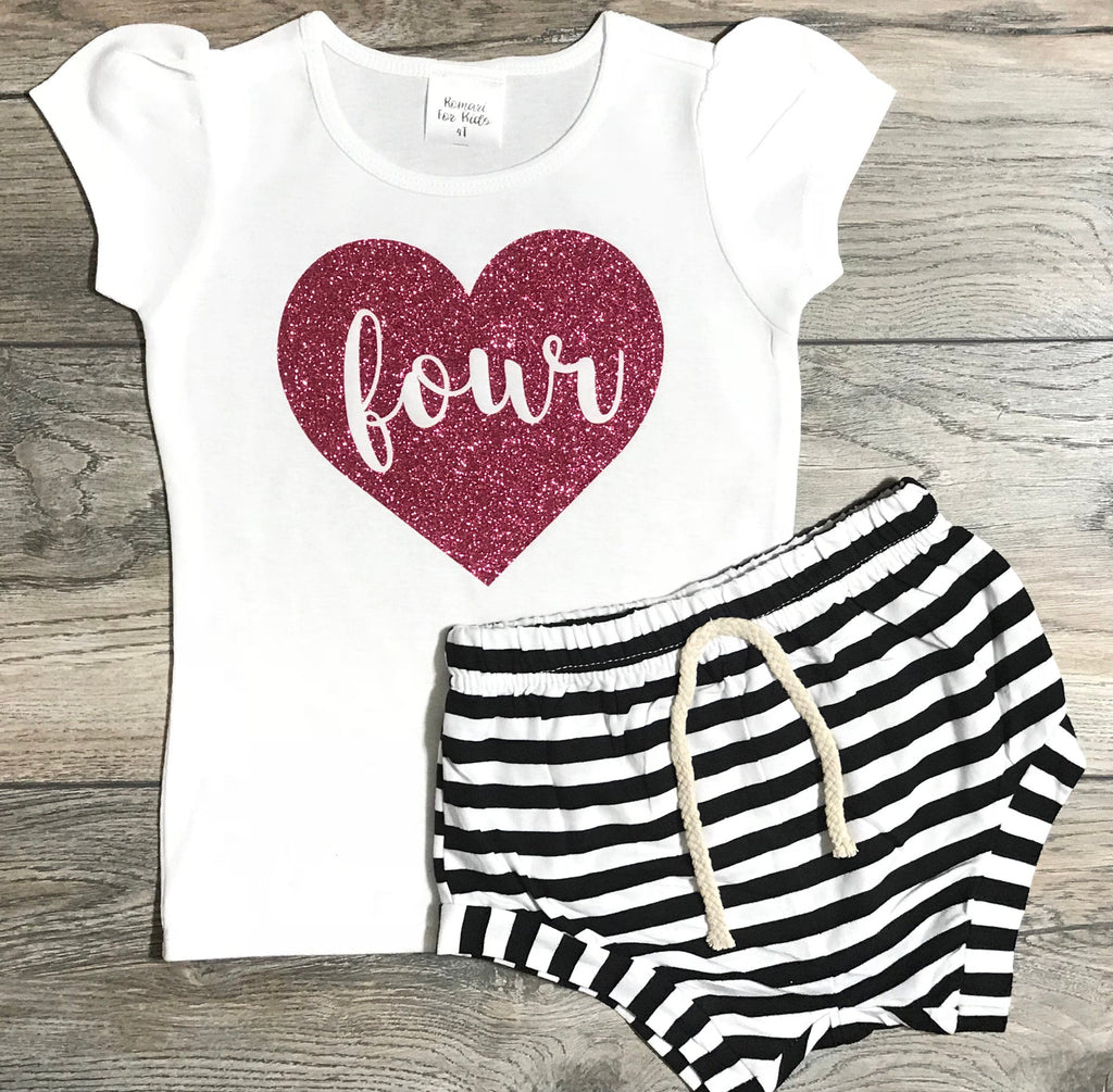 Birthday Outfit 4 Year Old Girl - Four In Heart Hot Pink Glitter Top + Black Striped Shorts - 4th Birthday Outfit Girls - Fourth Bday Shirt