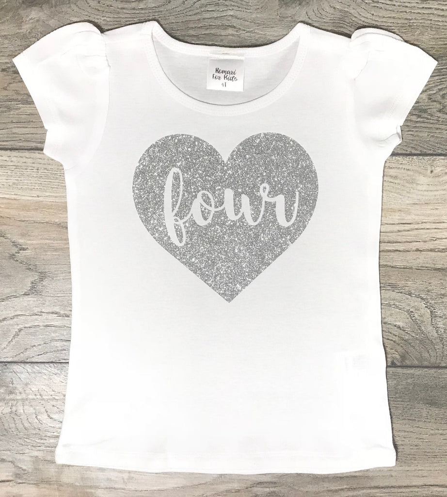 Birthday Outfit 4 Year Old Girl - Four In Heart Silver Glitter Short Puff Sleeve Top - 4th Birthday Outfit - Fourth Bday T-Shirt Girls