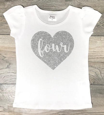 Image of Birthday Outfit 4 Year Old Girl - Four In Heart Silver Glitter Short Puff Sleeve Top - 4th Birthday Outfit - Fourth Bday T-Shirt Girls