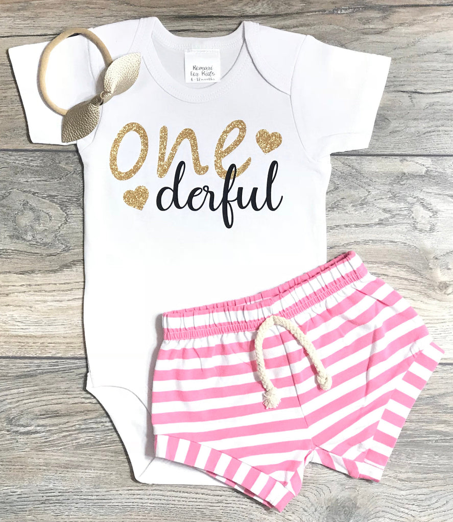 First Birthday Outfit Baby Girl - 1st Birthday One Derful Bodysuit + Pink Striped Shorts + Gold Bow / Headband - Bday Outfit 1 Year Old