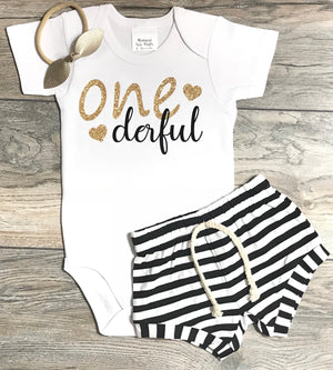 First Birthday Outfit Baby Girl - 1st Birthday One Derful Bodysuit + Black Striped Shorts + Bow / Headband - Bday Outfit 1 Year Old
