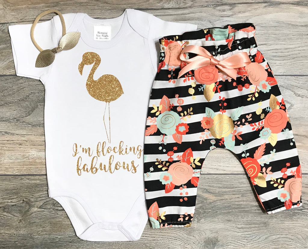 I'm Flocking Fabulous Flamingo Outfit - Gold Glitter Bodysuit + Black Striped High Waisted Floral Pants + Gold Bow / Headband For Baby Girl