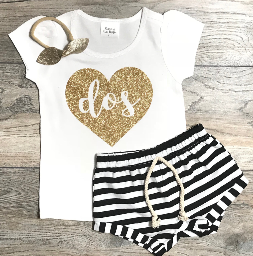 Dos - Second Birthday Outfit Girls - Gold Glitter Dos In Heart Bodysuit + Black Striped Shorts + Bow / Headband - Spanish Birthday Outfit