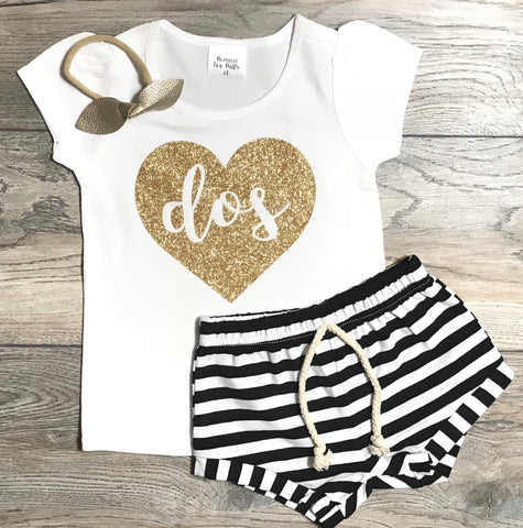 Image of Dos - Second Birthday Outfit Girls - Gold Glitter Dos In Heart Bodysuit + Black Striped Shorts + Bow / Headband - Spanish Birthday Outfit