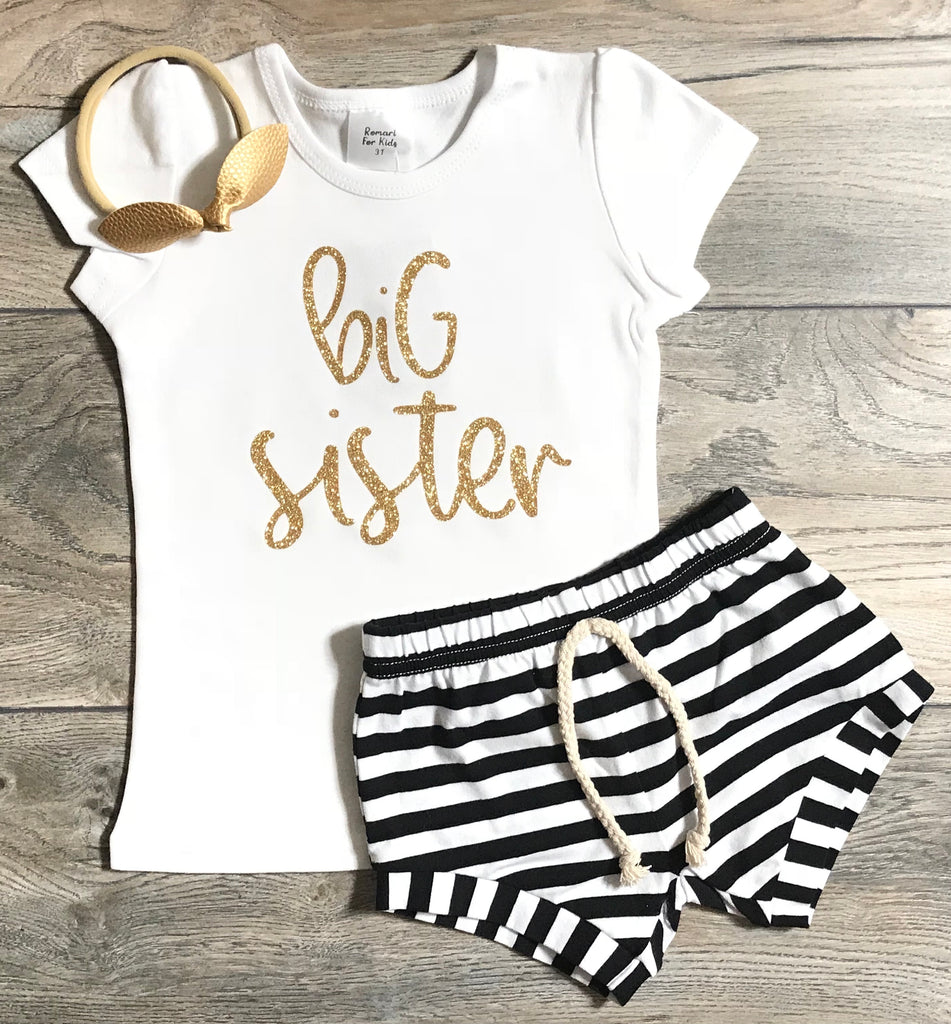 Big Sister Outfit - Big Sister / Little Sister Gold Glitter Short Puff Sleeve Top + Black Striped Shorts And Matching Gold Bow / Headband