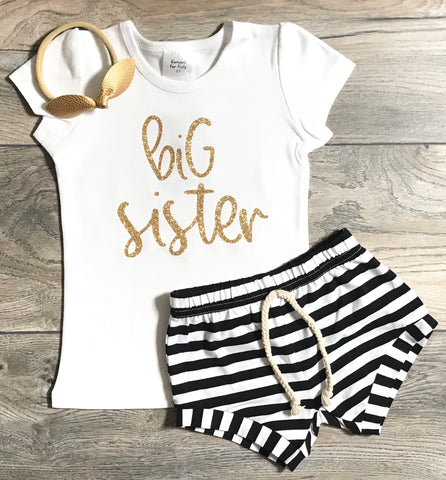 Image of Big Sister Outfit - Big Sister / Little Sister Gold Glitter Short Puff Sleeve Top + Black Striped Shorts And Matching Gold Bow / Headband