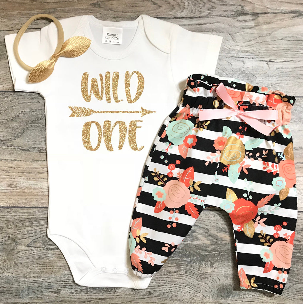 First Birthday Outfit Girl - Wild One 1st Birthday Outfit - Gold Glitter Bodysuit + Black Striped Floral Pants + Gold Bow - Cake Smash Girl