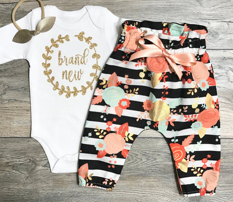 Image of Newborn Outfit - Brand New Coming Home Outfit - Gold Glitter Bodysuit + Black Striped Floral Pants + Gold Bow - Take Home Hospital Outfit
