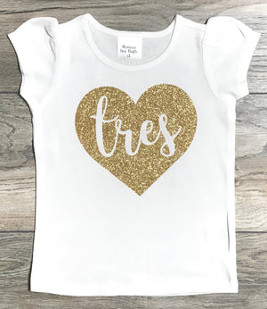 3rd Birthday Outfit Girl - Tres In Heart B-Day Outfit Girls - Gold Glitter Short Puff Sleeve T-Shirt 3 Year Old Girl- Happy Spanish Birthday