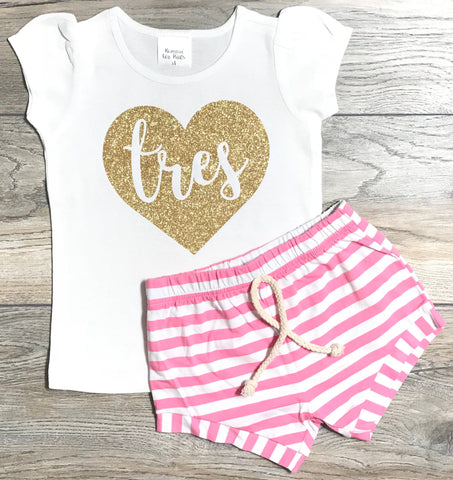 Image of 3rd Birthday Outfit Girls - Tres In Heart Gold Shirt + Pink Striped Shorts - Third Birthday Outfit - Birthday Outfit 3 Year Old Spanish