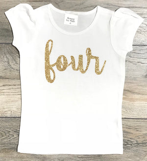 4th Birthday Outfit - Four Cursive Gold Glitter Puff Sleeve Shirt 4 Year Old - Fourth Birthday T-Shirt Girls- See Our Shop And Mix And Match