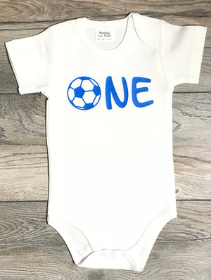 First Birthday Boys Outfit Soccer One - 1st Birthday White / Blue Bodysuit - Smash Cake Outfit - Photo Shoot Outfit - Soccer / Baseball