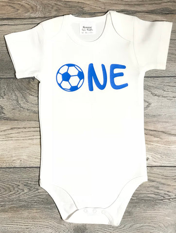 Image of First Birthday Boys Outfit Soccer One - 1st Birthday White / Blue Bodysuit - Smash Cake Outfit - Photo Shoot Outfit - Soccer / Baseball