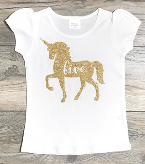 Birthday Outfit 5 Year Old Girl - 5th Birthday Outfit - Unicorn Five Gold Glitter Short Puff Sleeve T-Shirt - Birthday Shirt Fifth Birthday
