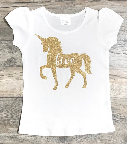 Image of Birthday Outfit 5 Year Old Girl - 5th Birthday Outfit - Unicorn Five Gold Glitter Short Puff Sleeve T-Shirt - Birthday Shirt Fifth Birthday