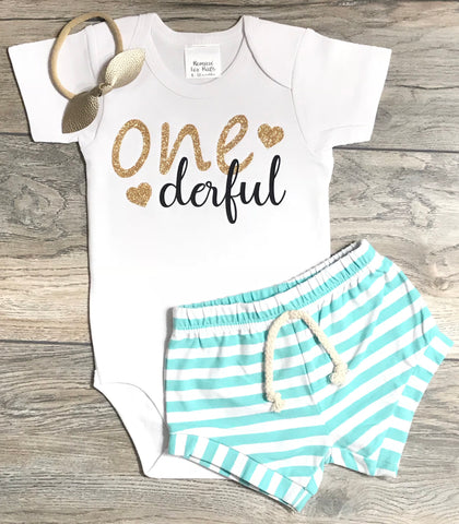 First Birthday Outfit Baby Girl - 1st Birthday One Derful Bodysuit + Mint Striped Shorts + Gold Bow / Headband - Bday Outfit 1 Year Old