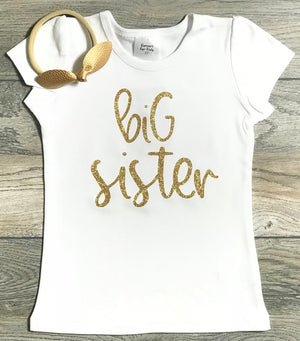 Big Sister Outfit - Customize For Pregnancy Announcement - Big Sister Gold Glitter Short Puff Sleeve Shirt Bow - Big Sister / Little Sister