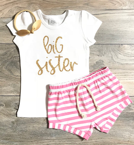 Big Sister Outfit - Big Sister Gold Glitter Short Puff Sleeve Shirt + Pink Striped Shorts + Gold Bow - Big Sister / Little Sister Set / Top