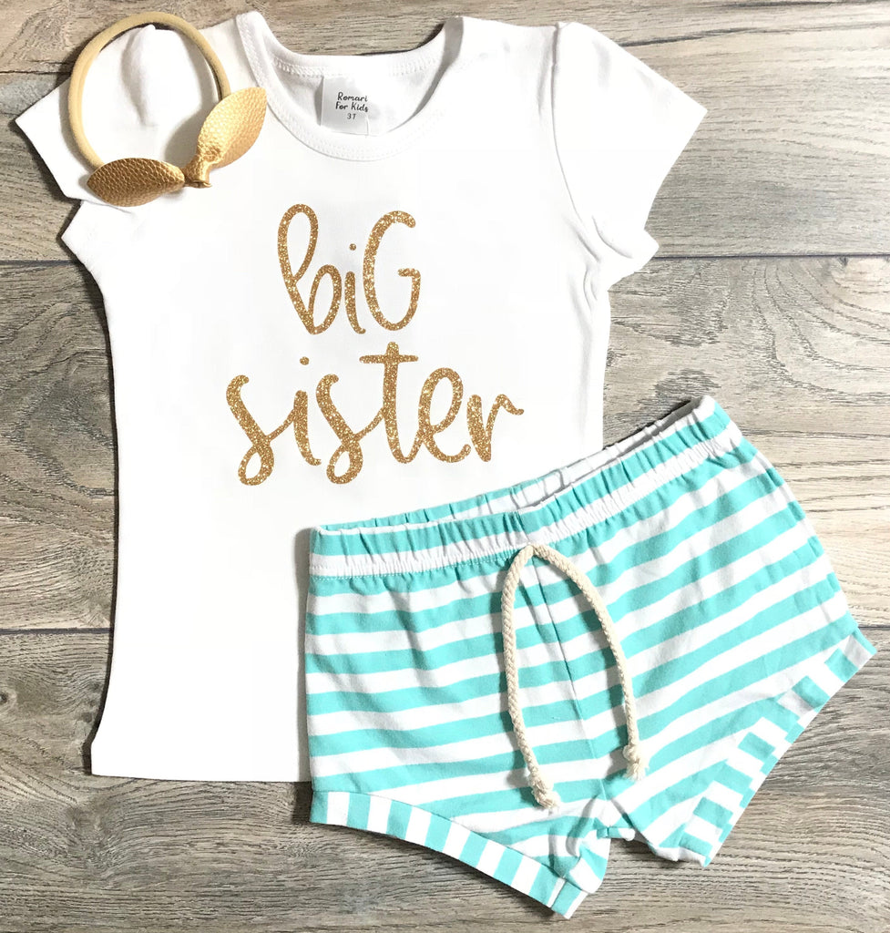 Big Sister Outfit - Gold Glitter Big Sister Short Puff Sleeve Top + Mint Striped Shorts + Bow / Headband - Pregnancy Announcement Shirt Girl