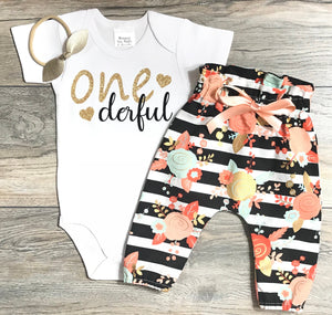 First Birthday Outfit Baby Girl - 1st Birthday Outfit One Derful Bodysuit Gold Glitter / Black + Black Striped Floral Pants + Gold Bow