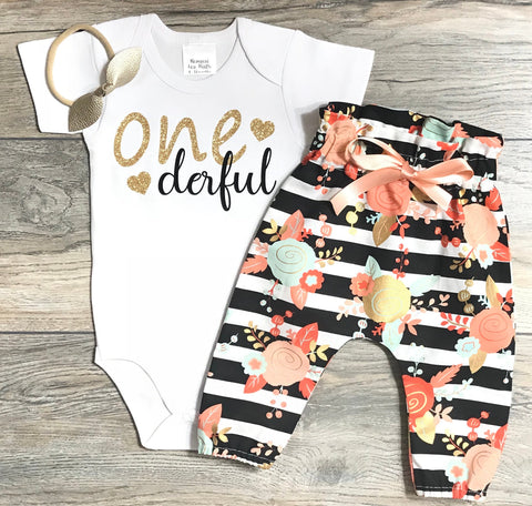 Image of First Birthday Outfit Baby Girl - 1st Birthday Outfit One Derful Bodysuit Gold Glitter / Black + Black Striped Floral Pants + Gold Bow