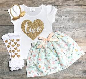 Birthday Outfit 2 Year Old Girl - 2nd Birthday - Two In Heart Short Puff Sleeve Shirt + Boho Floral Skirt + Hearts Legwarmers + Bow - Girls