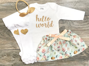 Hello World Newborn Coming Home Outfit - Gold Glitter Bodysuit + Boho Skirt + Legwarmers + Bow  - Baby Girl Take Home / Hospital Outfit