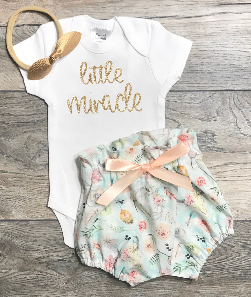 Little Miracle Newborn / Preemie Outfit - Coming Home Hospital Set - Bodysuit + Boho Bloomers + Bow - Take Home Outfit Baby Girl Premature