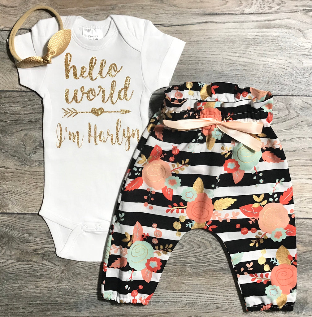 Newborn Outfit Hello World - Coming Home Custom Baby Girl Outfit - Customized Name Bodysuit + Black Striped Floral High Waisted Pants + Bow