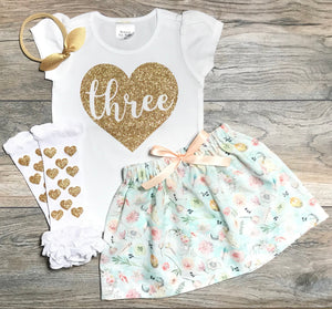 Three In Heart 3rd Birthday Outfit For Girls - White Short Puff Sleeve Gold Glitter Shirt + Boho Floral Skirt + Bow - Outfit 3 Year Old Girl