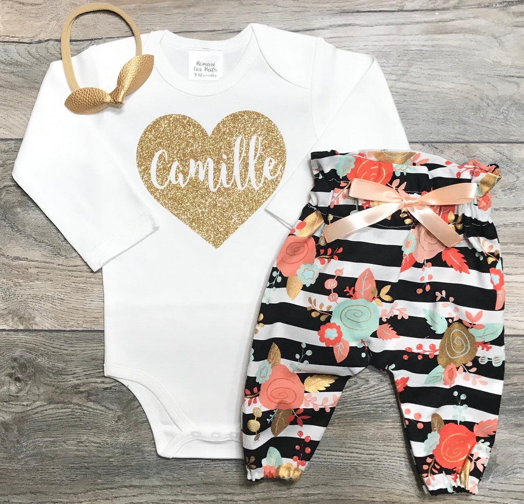 Newborn Coming Home / Birthday Or Everyday Outfit Name In Heart Custom Bodysuit + Black Striped Pants + Bow - Photo Shoot - Smash Cake Set