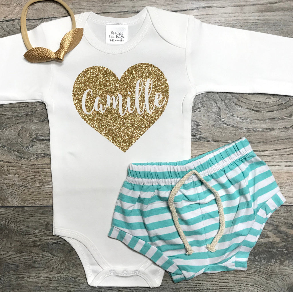 Custom Birthday / Newborn Or EveryDay Outfit Baby Girl - Name In Heart Bodysuit + Mint Striped Shorts + Bow - Photo Shoot / Smash Cake Set